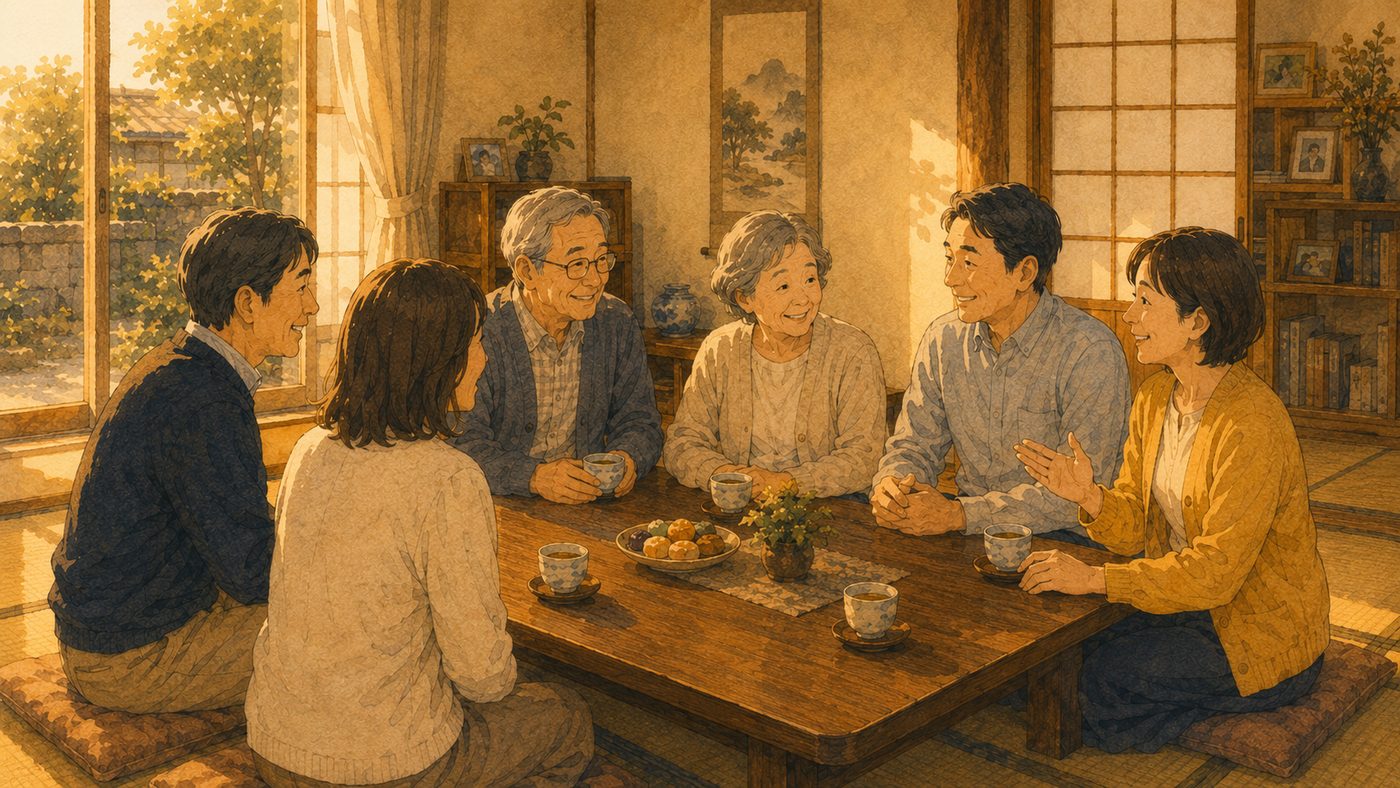 実家の茶の間で座卓を囲んで話し合う家族のイラスト