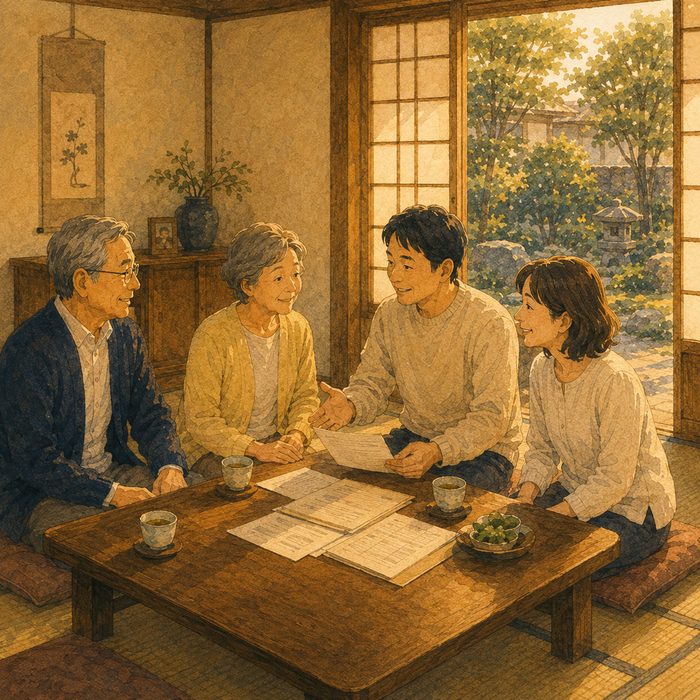 備える支度：座卓で書類を囲む家族