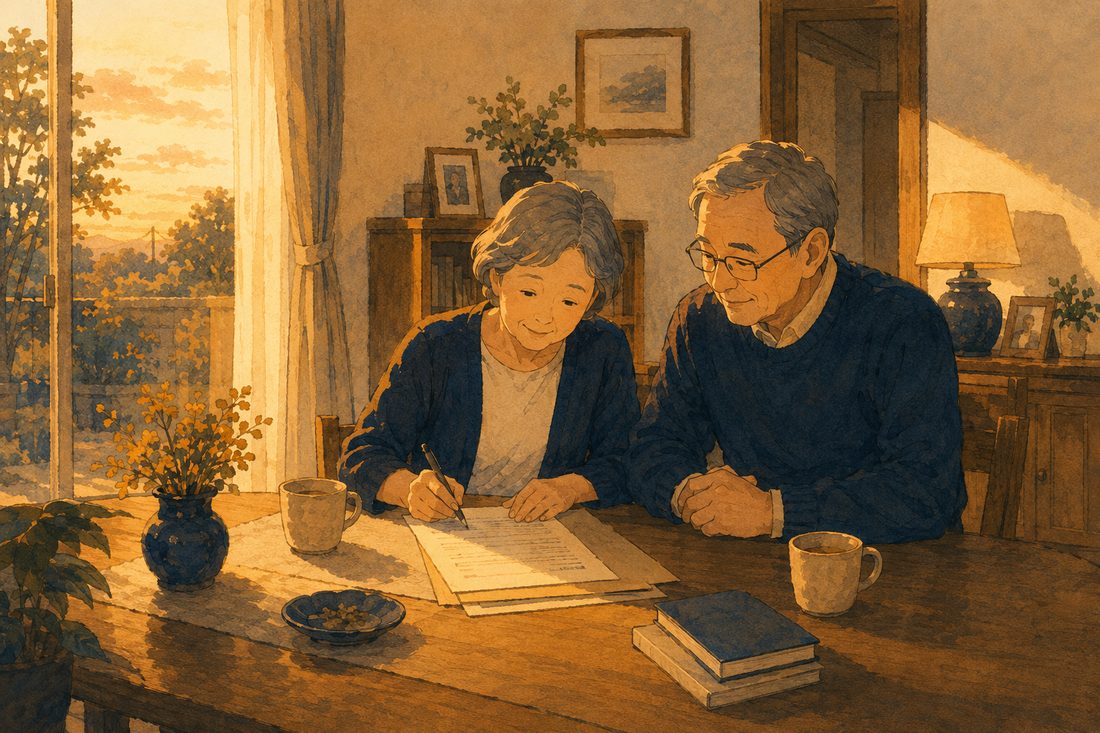 家族信託の書類にペンで向き合うお母さまと寄り添うお父さまのイラスト