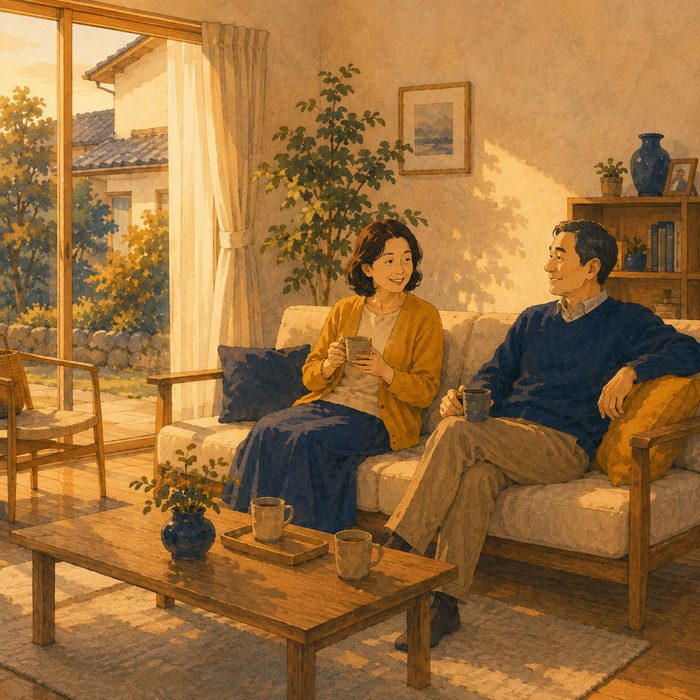 住む支度：明るいリビングでくつろぐ夫婦
