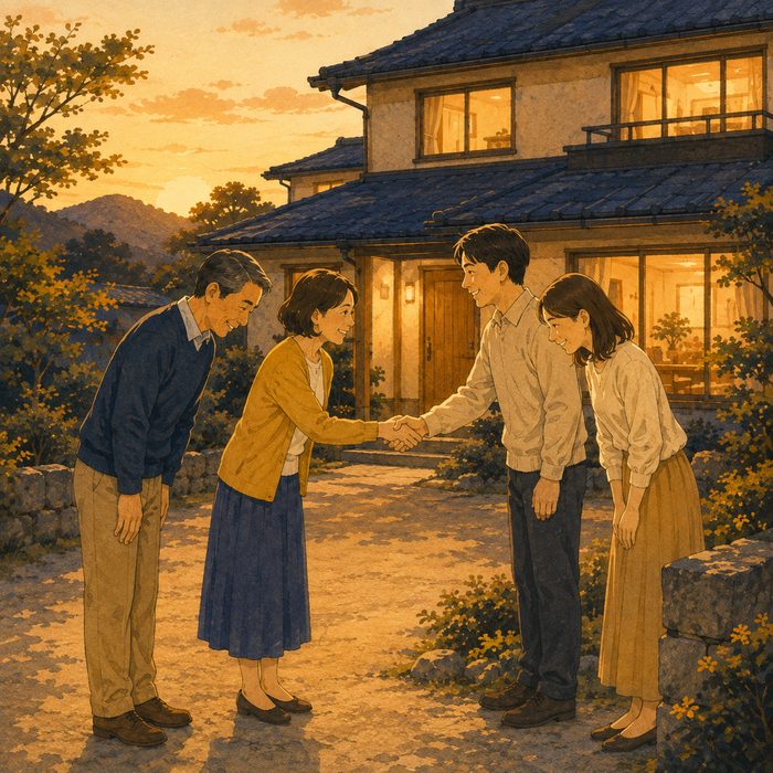 売る支度：家の前で新しい家族へ引き継ぐ